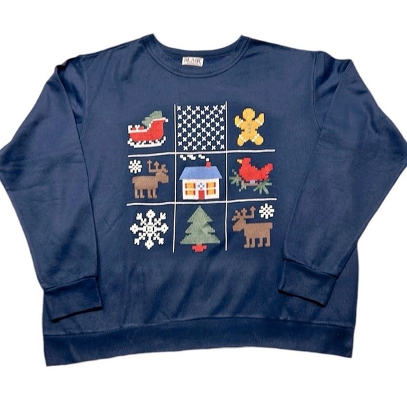 Ugly Christmas Sweater Sweaters - Vintage Blair Christmas Sweatshirt Holiday Crewneck Winter Festive Blue XL‎